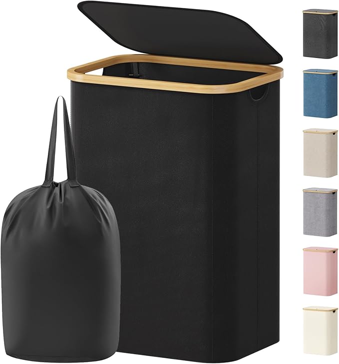 Lifewit 80L Laundry Basket with Lid, Clothes Hampers for Laundry with Bamboo Handles and 1 Removable Bag, Large Foldable Laundry Hamper for Bedroom, Bathroom, Dorm, Laundry Room, Black
