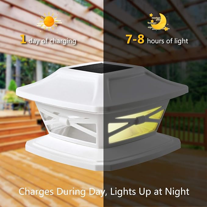 Davinci Flexfit Solar Outdoor Post Cap Lights, 4x4 5x5 6x6, Bright LED, 4PK | Pearl White, Wooden Posts, fence/deck/garden/patio, UV fade-protected plastic, auto-on, 7-8h, cordless, IP44, 25lm warm white