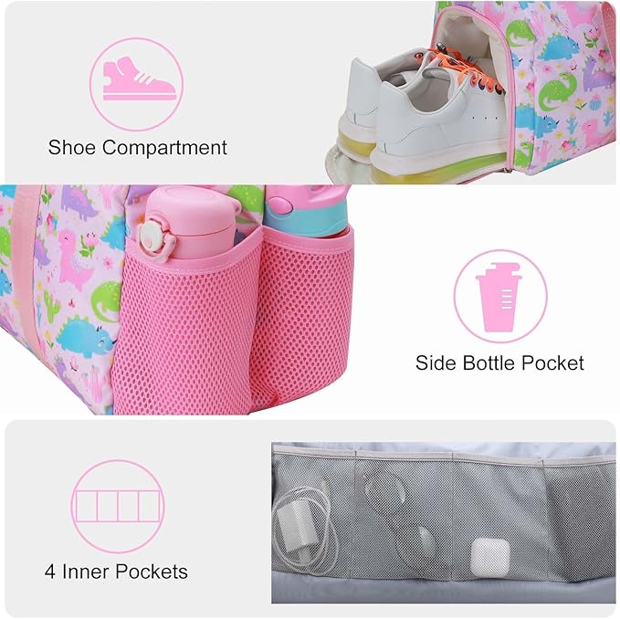 Gym Travel Duffle Bag for Girls - Gymnastics Sports Dance Bag with Shoe Compartment & Wet Pocket Dinosaur Kids Travel Bag Teens Weekender Sleepover Carry On Bag