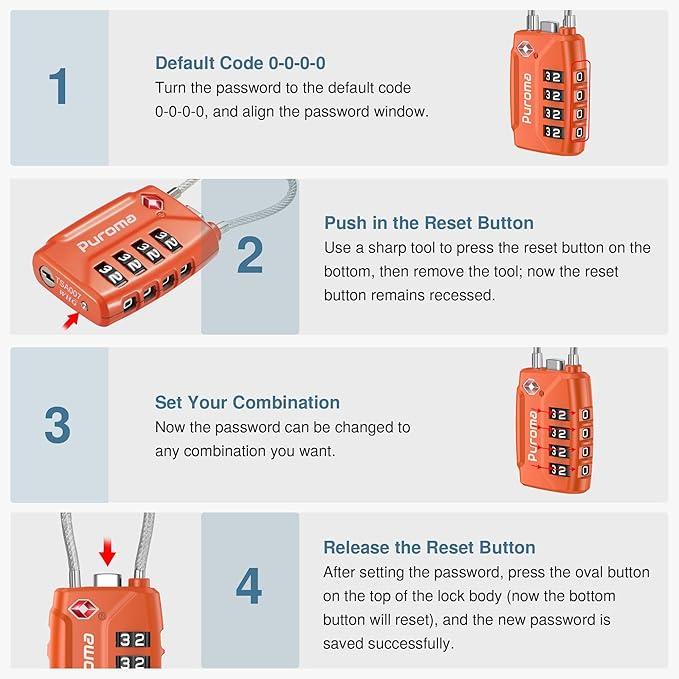 Puroma 2 Pack TSA Approved Luggage Locks, 4 Digit Combination Travel Cable Locks Resettable Code Lock with Zinc Alloy Body for Suitcase, Toolbox, Backpack, Bag, Gym Locker (Basic Robust Orange)