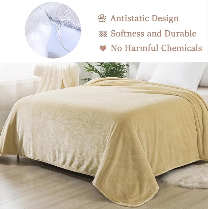Soft Queen Size Blanket for All Season Warm Fuzzy Microplush Lightweight Thermal Fleece Summer Autumn Fall Winter Spring Blankets for Queen Full Bed Couch Sofa,90x90 Inches,Khaki