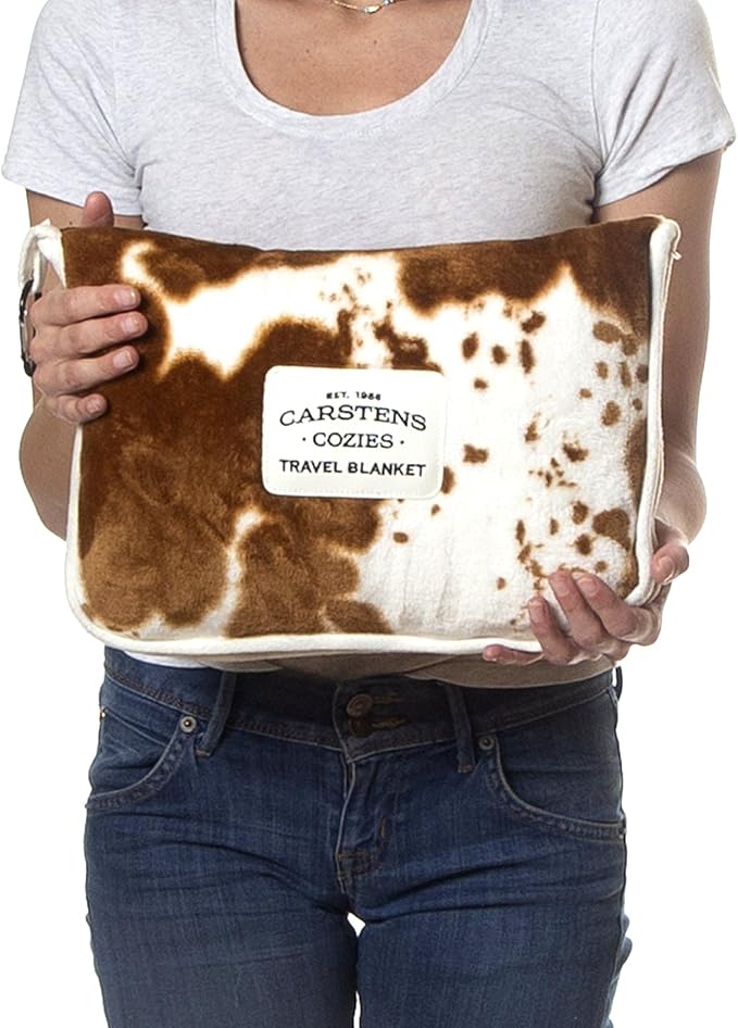 CARSTENS, INC. Travel Blanket, Premium Compact 2-in-1 Airplane Blanket/Pillow, Cow Print