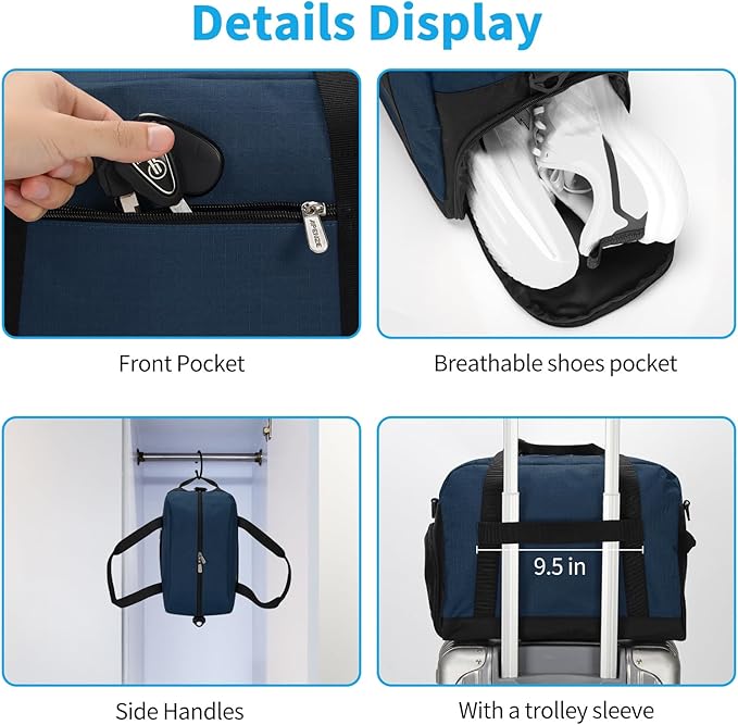 Small Gym Bag 14 inch lightweight Carry On Mini Duffel Bag with Shoe Compartment for Travel Sport - Navy Blue
