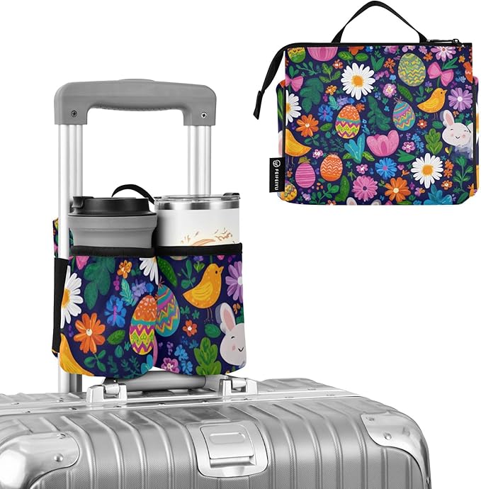 Easter Daisy Rabbit Birds Eggs Luggage Cup Holder Travel Portable Free Hand Drink Carrier Suitcase Drinks Beverage Holder Carry-On Bottle Mug Holder Organizer Bag Travelers Accessories