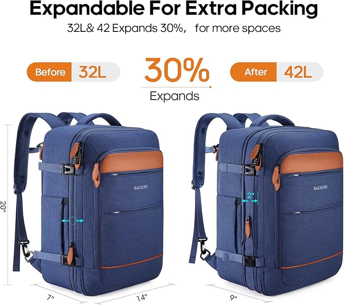 Bagsure Travel Backpack Carry On Backpack 42L Flight Approved, Expandable Laptop Backpack with Packing Cubes & Shoe Pocket, Water Resistant Luggage Backpack for Men Women, Large Backpack 20 * 14 * 7"