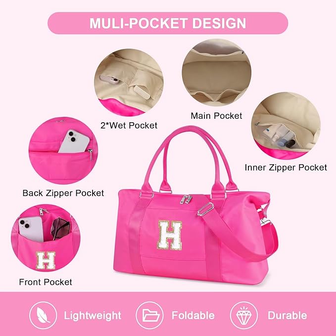 Dance Gym Duffel Bag for Teen Girls, Personalized Initial Travel Weekender Bag,Cute Overnight Carry On Duffle for Women,Sports Travel Cheer Bag,Monogram Christmas Gifts for Tween Preppy(rosered-H)