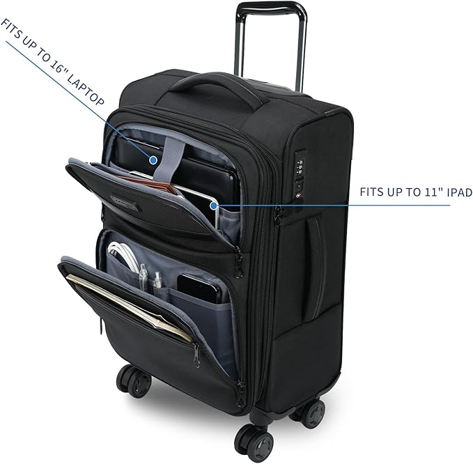 KROSER Softside Expandable Carry On Luggage with Front Business Pockets，20 Inch Suitcases with Spinner Wheels & Built-in TSA Lock, Durable Suitcase Rolling Luggage with USB Port, Black