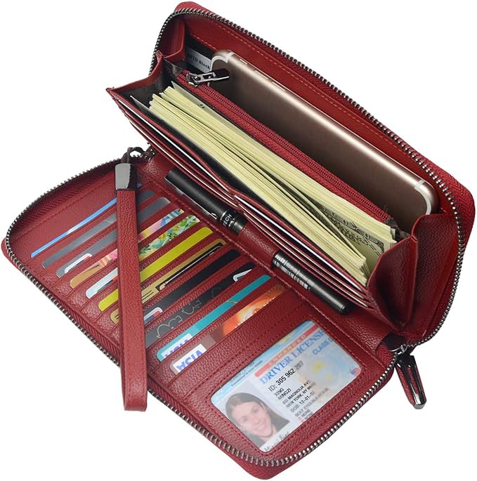 Bveyzi Women RFID Blocking Wallet Leather Zip Around Phone Clutch Large Capacity Ladies Travel Purse Wristlet | RFID Blocking, Zip Around, Large Capacity
