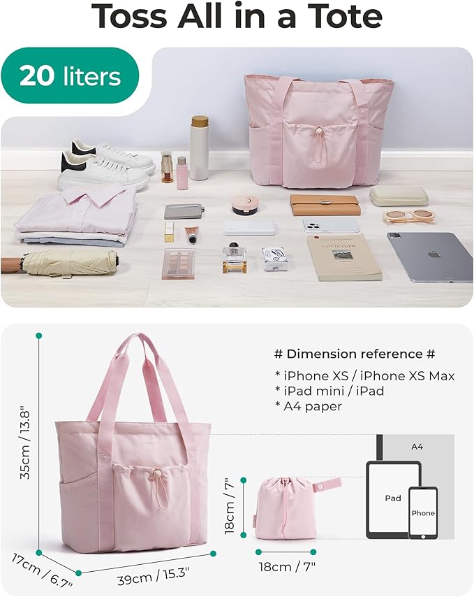 BAGSMART Foldable Tote Bag with Drawstring Bag, Large Tote Bag Shoulder Bag Top Handle Handbag for Travel, Work, Beach, Gym