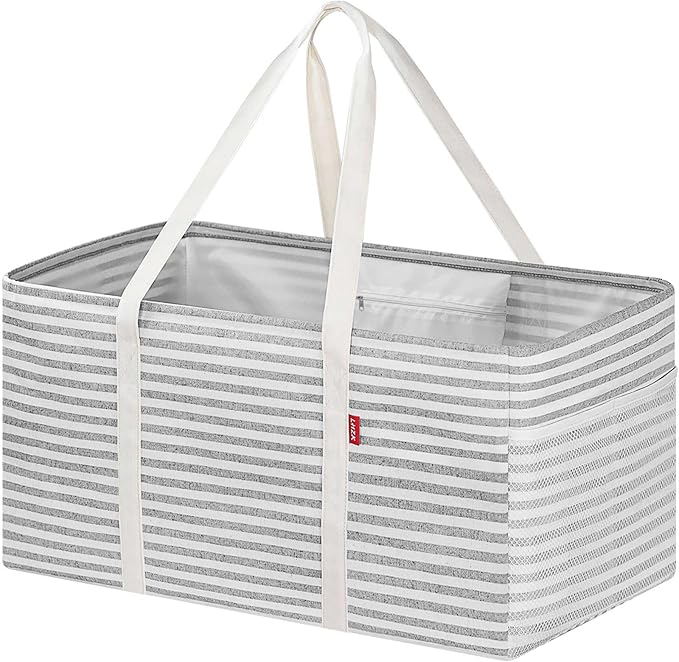 LHZK Standing Extra Large Utility Tote Bag with Metal Wire Frame and the Sides Rinforced, Extra Large Tote Bag with Handle, Reusable Grocery Bags Foldable, Beach Bag, Car Tote (Grey, 26''x15''x13'')