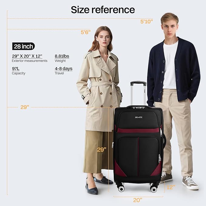 28" Large Softside Expandable 15% Checked Luggage with Double Spinner Wheels LOCK,Lightweight Travel Suitcase for Men/Women（Black-Burgund,28in）