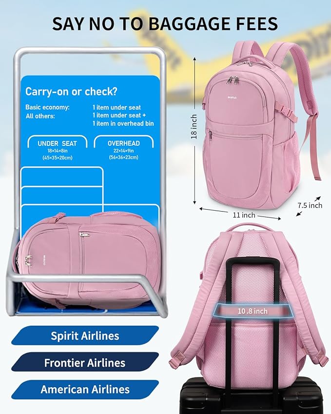 ECOHUB Travel Backpack for Women, 17.3 inch Suspended Laptop Backpack, Fashion Water-Resistant College Computer Bookbag, 28L Personal Item Bag with 12 Pockets for Causal, Work, Pink