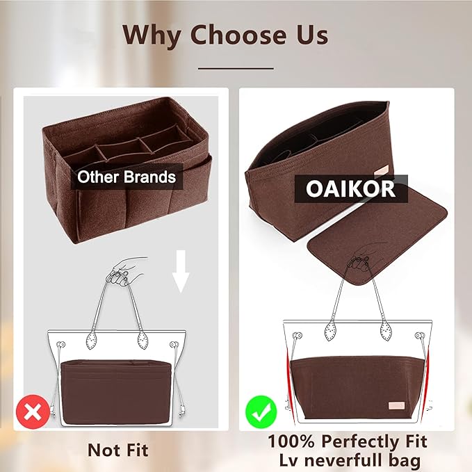 Purse Organizer Insert, Tote Bag Organizer Insert with Base Shaper,Felt Zipper Handbag Shaper Compatible with Neverfull MM Speedy 30 and More,Brown/L