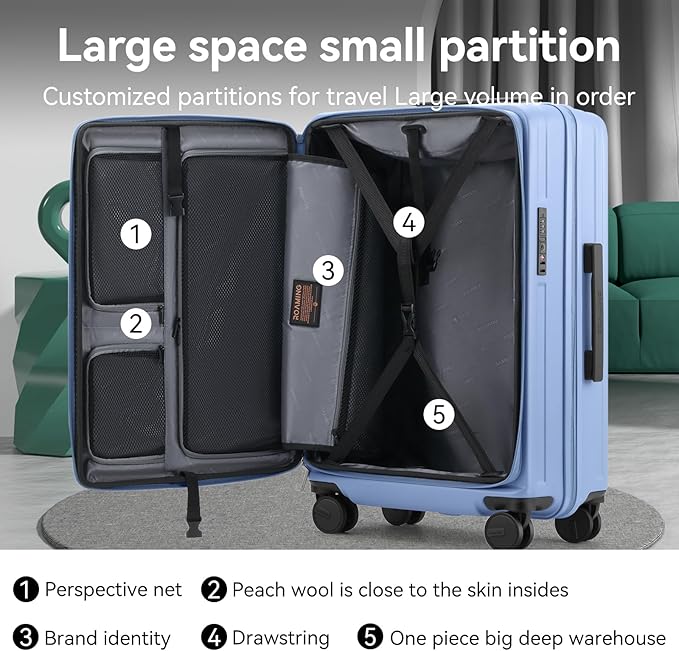 ROAMING 20 Inch Carry On Luggage Expandable TOP Opening Rolling Vacation Suitcase with Spinner Wheels and TSA Lock Cup Holder PC Hard Shell Travel Trolley Case for Shout Business Trips blue