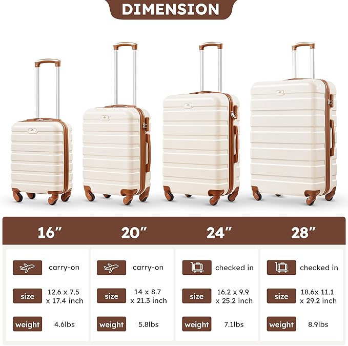 Suitour 4 Piece Luggage Sets, Hard Shell Suitcase Set with Spinner Wheels 16 20 24 28inch Travel Sets(Beige Tan)