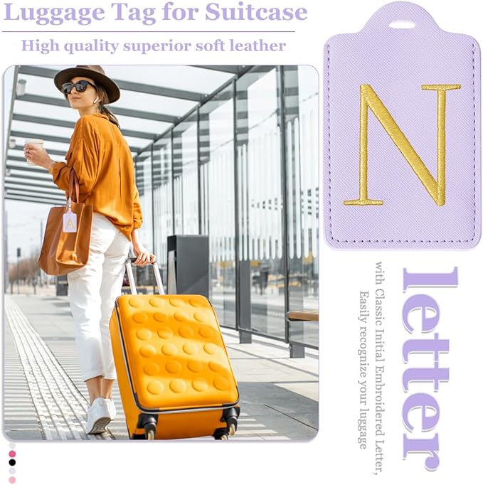 Personalized Initial Luggage Tags for Suitcases,Leather Letter Cute Luggage Tags with Privacy Name Card,Embroidered Monogrammed Travel Bag Backpack Tag Gifts for Women Kids Girls Teens(Purple-N)