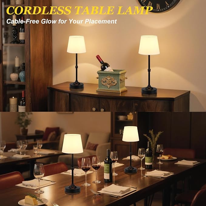 Kakanuo Rechargeable Cordless Table Lamp Black - 2 Pack 4000mAh Battery Operated Lamp, 3000K Warm Light, Touch Control Stepless Dimming, for Bedside, Dining Table, Home Decor