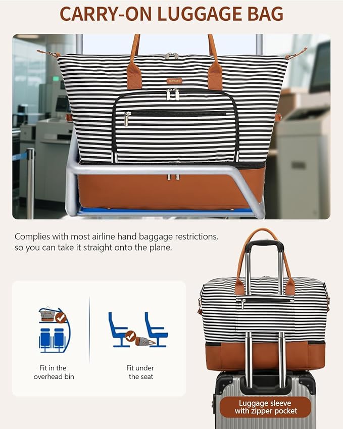 Duffle Bag for Women Travel, Weekender Bag Overnight Bag with Shoe Compartment, Carry on Bag with Crossbody Purse for Over Night, Weekend, Yoga, Gym, Business Trips, Hospital, Black Strip