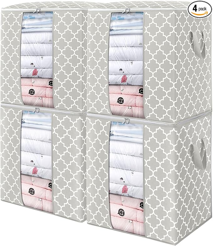 WISELIFE Storage Bags 4 Pack/100L Large Blanket Clothes Organization and Storage Containers for Comforters,Bedding, Foldable Organizer with Reinforced Handle, Clear Window, Sturdy Zippers,Lvory