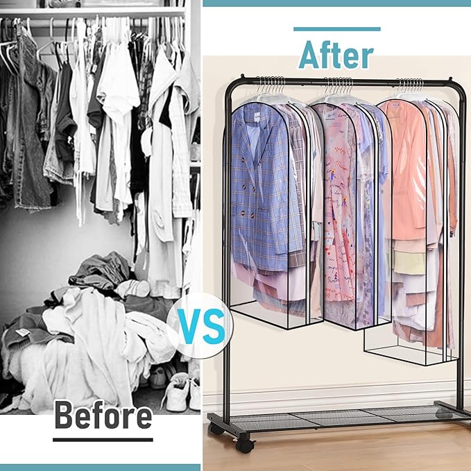 MISSLO 10" Gusseted All Clear Garment Bags for Hanging Clothes 40"+50" Suit Bags for Closet Storage Dresses Protectors for Shirts, Coats, Gowns, 3 Packs