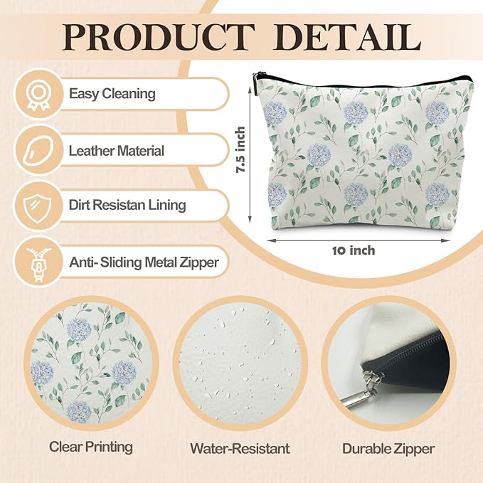 Blue Hydrangea Floral Weather Makeup Bag, Cosmetic Toiletry Bag for Women, Coquette Makeup Pouch, Aesthetic Pouch, Hydrangea Gifts(PU)