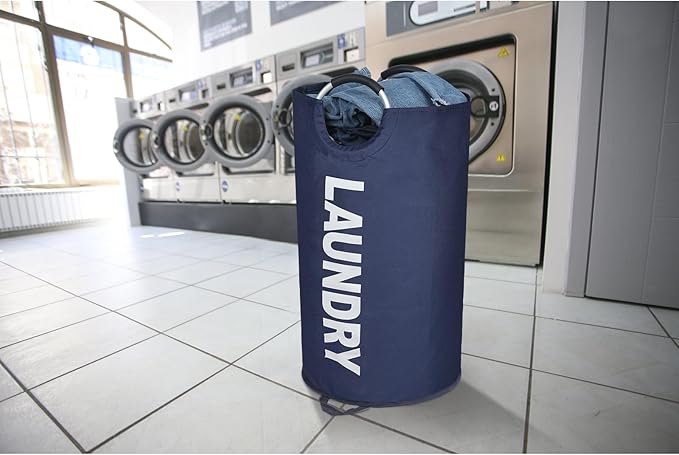 90L Large Laundry Basket, Freestanding Tall Clothes Hamper, Collapsible Laundry Bag, Dark Blue