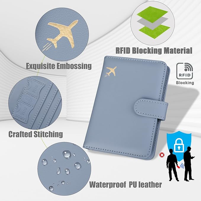 GOAUS Passport Holder for Travel with AirTag Slot Cards Cash Pocket, Faux Leather Travle Wallet Gifts for Women Men RFID Blocking Book Case Blue, AirTag Not Included
