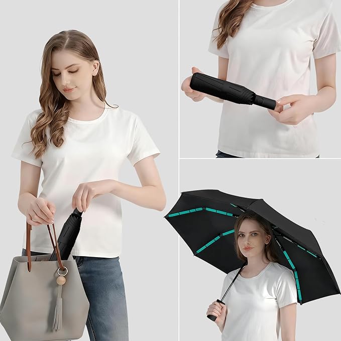 Compact Automatic Folding Travel Umbrella-Windproof Rainproof, PF50+ Sun Protection for Hiking,Outdoor,Chool,Golf Course & Daily Use,Sturdy Multi-Ribbed Frame