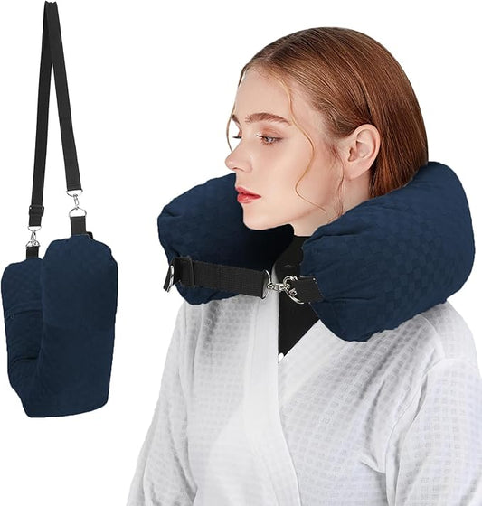 Stuffable Travel Pillow, Stuffable Neck Pillow for Travel, Neck Pillow Stuffed with Clothes Storage - No Extra Baggage Fees, Fits 5+ Days of Travel Essentials, No Filler (Blue-Checkerboard)