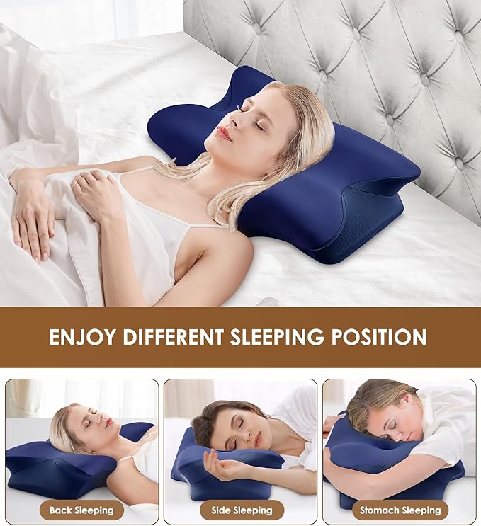 Memory Foam Cervical Pillow for Neck and Shoulder, Ergonomic Contour Cervical Neck Pillow for Sleeping, Cooling Neck Support Pillows for Side Back Stomach Sleeper Dark Blue