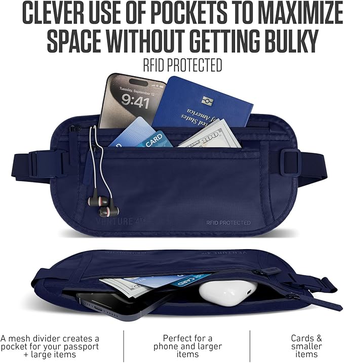VENTURE 4TH Money Belt for Travel – Hidden Under-Clothes RFID Blocking Passport Holder & Slim Travel Wallet Pouch for Men & Women to Protect Cash, Cards & Documents (Sleek Navy Blue)