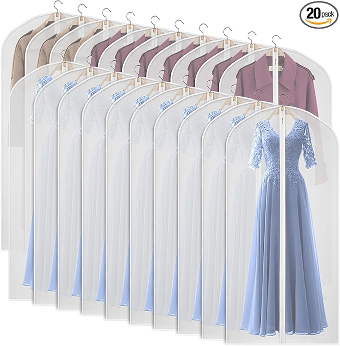 Kntiwiwo 60 inches Garment Bags for Closet Storage with Zipper Clear Garments Bag for Gowns Long, Dresses, Suit, Coat - Set of 20 [Upgraded Version]