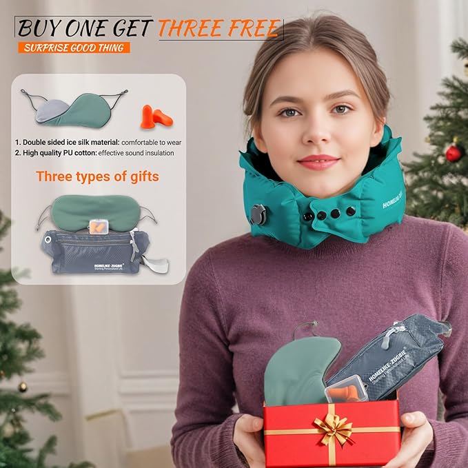 Inflatable Travel Pillow for Airplane, Inflatable Neck Pillow Airplane for Travel Office Nap Neck Support, Buy 1 Get 3 Professional Green Sleeping Eye Mask and Highly Silent