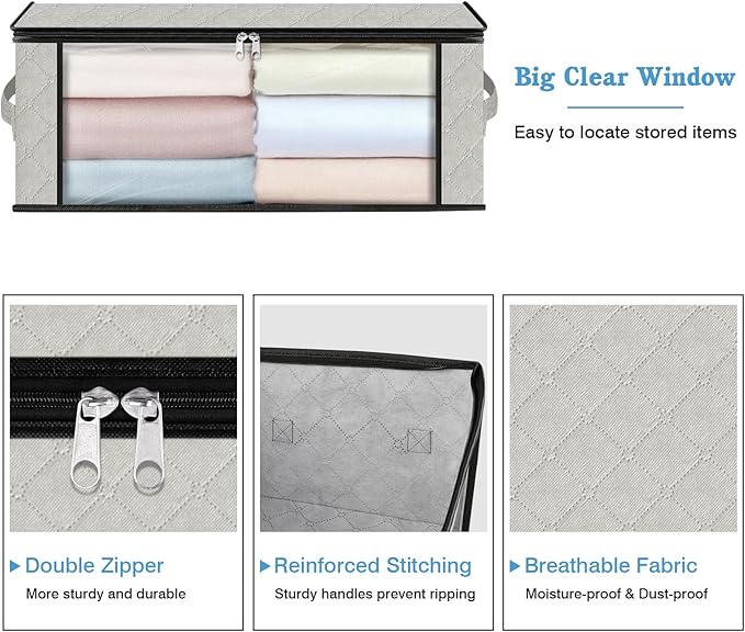 HomeHacks Storage 4-Pack Clothes Organizer Storage Bags Foldable Storage Box with Large Clear Window Sturdy Handles for Closet, Dorm, Pillows, Bedding, Clothes, Blankets, 35L, Ivory