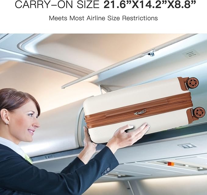Kono Small 20 Inch Expandable Carry On Luggage with Quiet Spinner Wheels & TSA Lock, Scratch and Drop Resistant PC+ABS Hardside 22x14x9 Airline Approved Suitcase, Cream White & Brown