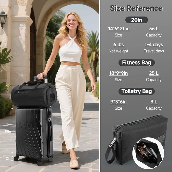 Hoteel Luggage Sets 3 Piece PC Hardside, 4-Year Warranty, Luggage Set with Spinner Wheels, TSA Lock, YKK Zipper, Lightweight Carry on Luggage, 20" Suitcase with Fitness Duffel & Organizer, Black