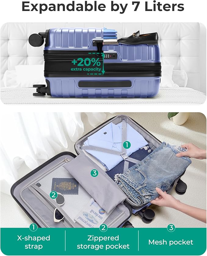 BAGSMART Carry On Luggage 22x14x9 Airline Approved with Spinner Wheels,Lightweight 20 Inch Luggage with TSA Lock,Expandable Hard Shell Carry On Suitcases for Men Women,Slate Blue