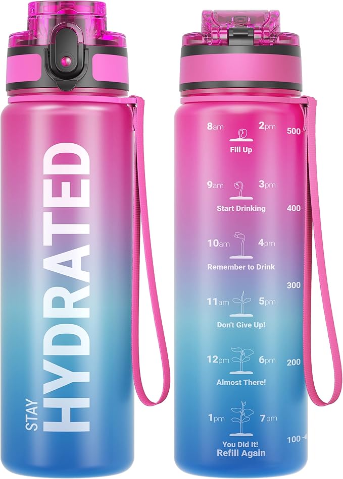 Sahara Sailor Water Bottle, 32/25/17oz Durable and Leakproof Water Bottles Motivational with Time Marker, Tritan, BPA Free, Wide Mouth with Easy Clean Brush for Gym, Travel, School, Office (1 Bottle)