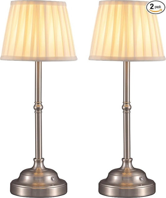 KDG Nickel Cordless LED Table Lamps Set of 2, Green Fabric Shade Desk Lamps | Portable 4000mAh Rechargeable Battery Powered, Dimmable Lighting for Dining Room, Bedroom, Bedside, Night Light, Balcony