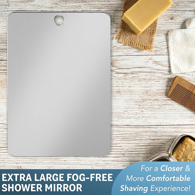 Shave Well XL Anti-Fog Shaving Mirror | X-Large Fogless Hanging Bathroom Shower Mirror with Handheld Option for Men and Women | Includes Long-Lasting Removable Adhesive Hook for Wall