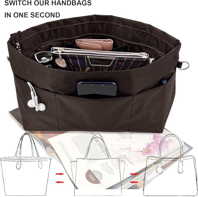 Time Wing Handbag Tote Purse Organizer Insert Bag Liner Shaper Divider Zipper 11 Pockets Compartments X Large Coffee