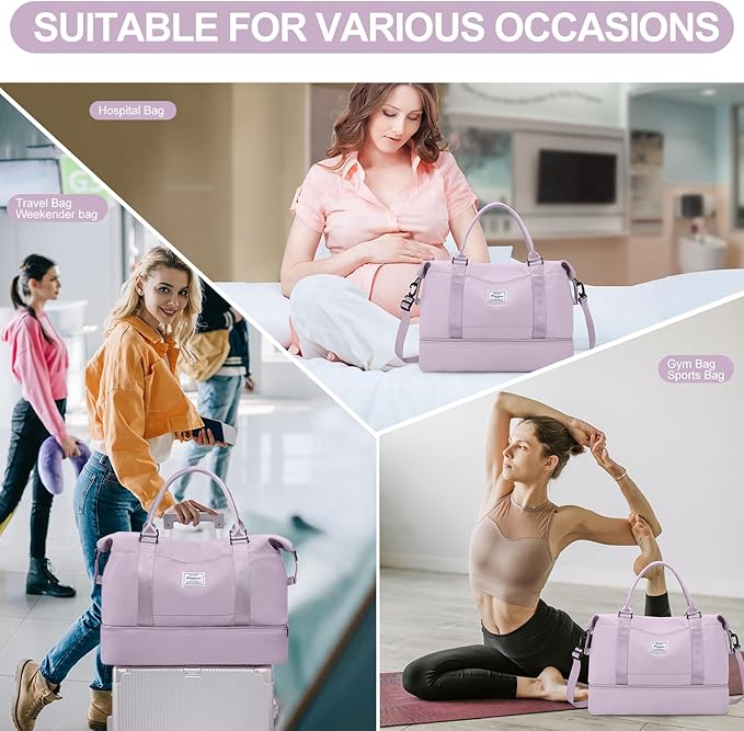 Weekender Bags for Women,Travel Duffle Overnight Bag with Shoe Compartment,Personal Item Carry On Bag,Purple,Extra Large,3 Pcs Set