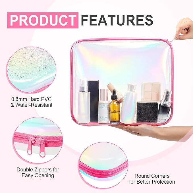 Sanwuta 6 Pcs Clear Hard Zipper Case Plastic Zipper Pouches Transparent Makeup Bag Pencil Case Pouches Toiletry Diaper Bag for Travel Toy Storage Organizer Bins(Holographic,13.78 x 11.81 x 2 Inch)