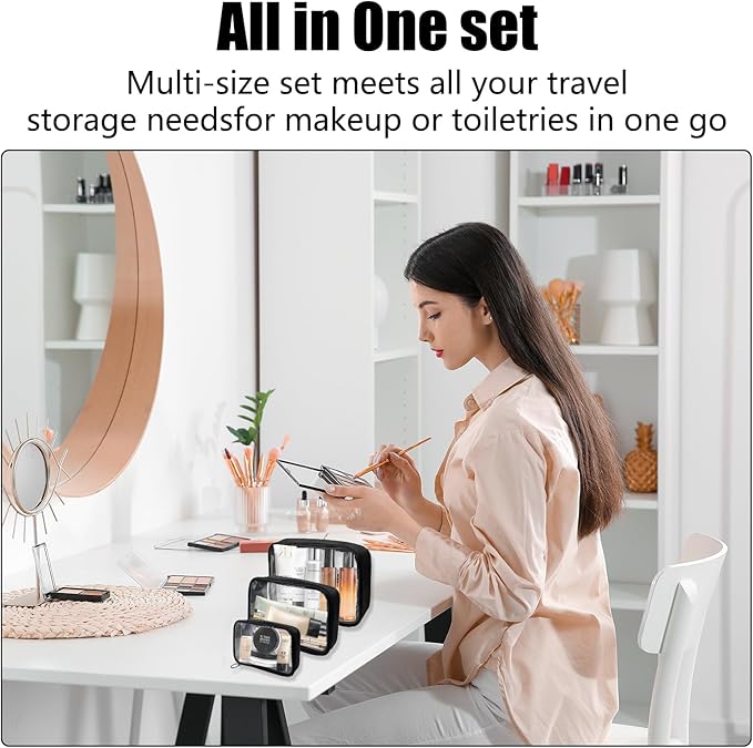 Clear TSA Approved Toiletry Bag - 3-Pack (Large, Small & Mini) Clear Makeup Cosmetic Bag with Zipper, Quart Size Travel Essential Organizer for Women, Car Bag Organizer & Car Organization Essentials