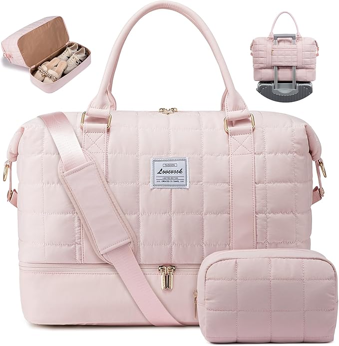 LOVEVOOK Travel Duffel Bag - Versatile Weekender Bag for Women, Puffer Carry On & Overnight Bag for Short Trips, Pink