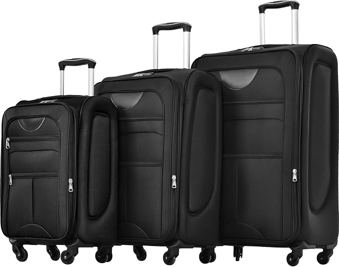 3 Piece Softshell Expandable Luggage Sets, Lightweight Travel Suitcase Set with TSA Lock and 360°Swivel Spinner Wheels, Durable Softside Luggage for Men Women, 22 in/26 in/30 in, Black