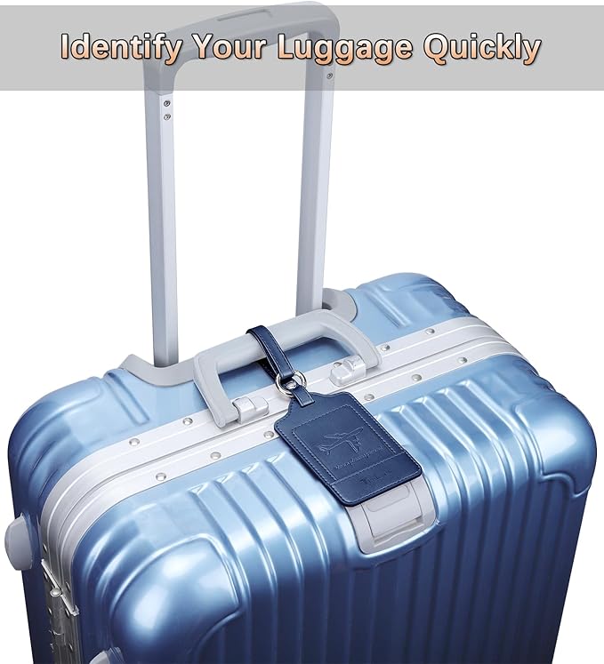 3 Pack Luggage Tags - Quick Install, Privacy Protection, Airplane Travel Essentials for Suitcases, Durable Leather - Blue