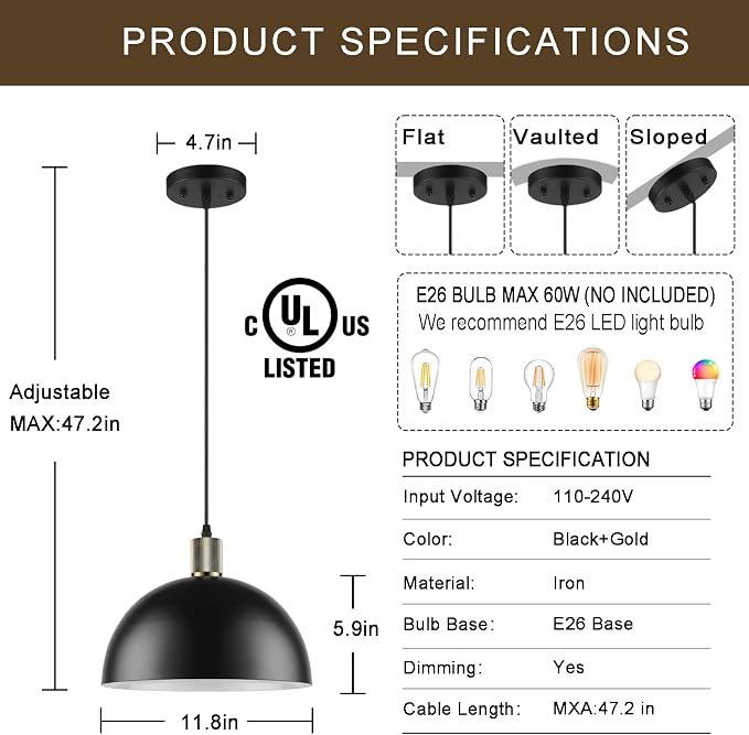 Black Pendant Lights Kitchen Island, 11.8" Modern Dome Pendant Light Fixtures Farmhouse Hanging Lights for Dining Room Hallway Sink Entryway