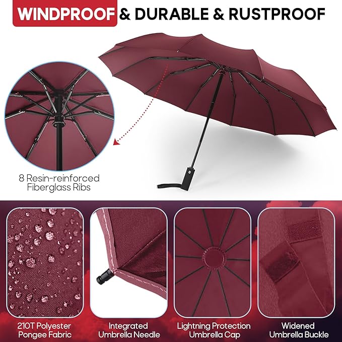 Travel Compact Umbrella, Folding Travel Umbrella for Rain and Shine Small, Windproof Automatic Open/Close, Portable Umbrellas