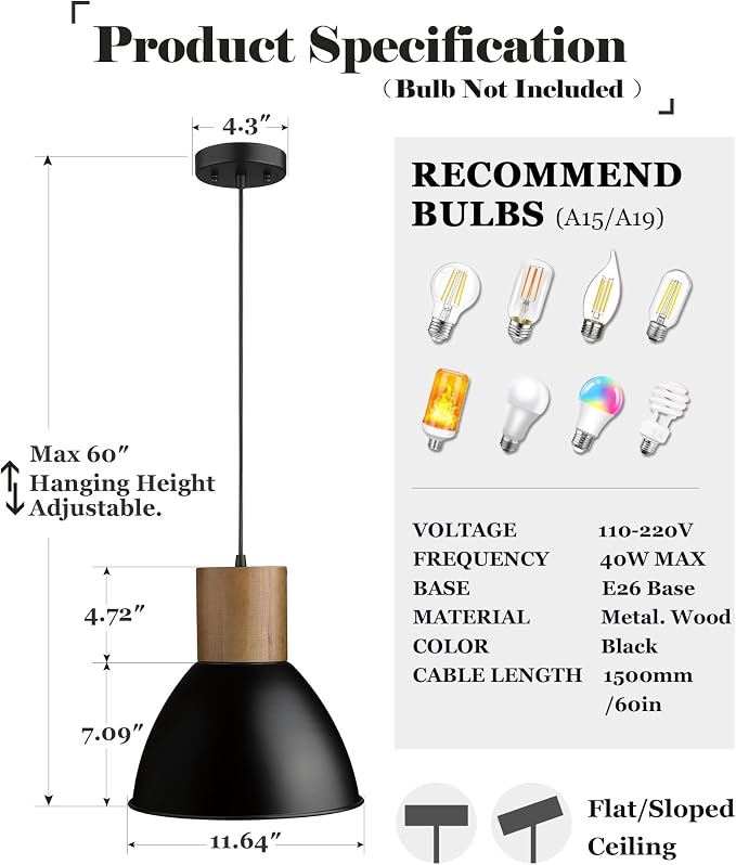ELYONA Solid Wood Metal Pendant Light Fixtures, Industrial Hanging Lamp, Adjustable Length, 11.6" Modern Farmhouse Bar Pendant Lighting for Kitchen Island,Dining Room,Living Room, Black & Brown